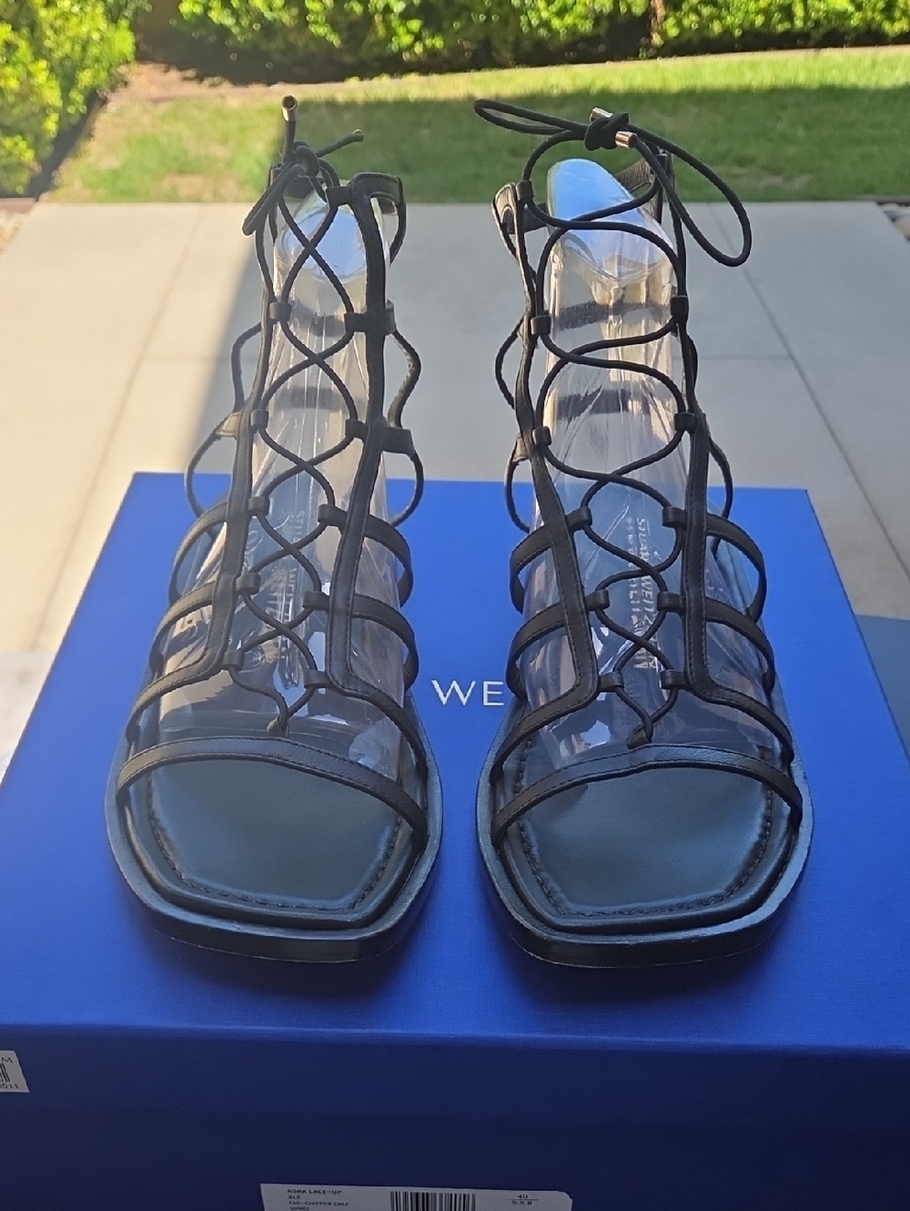 Stuart Weitzman Kora Lace-Up Cage Sandals in Black. Size 9.5